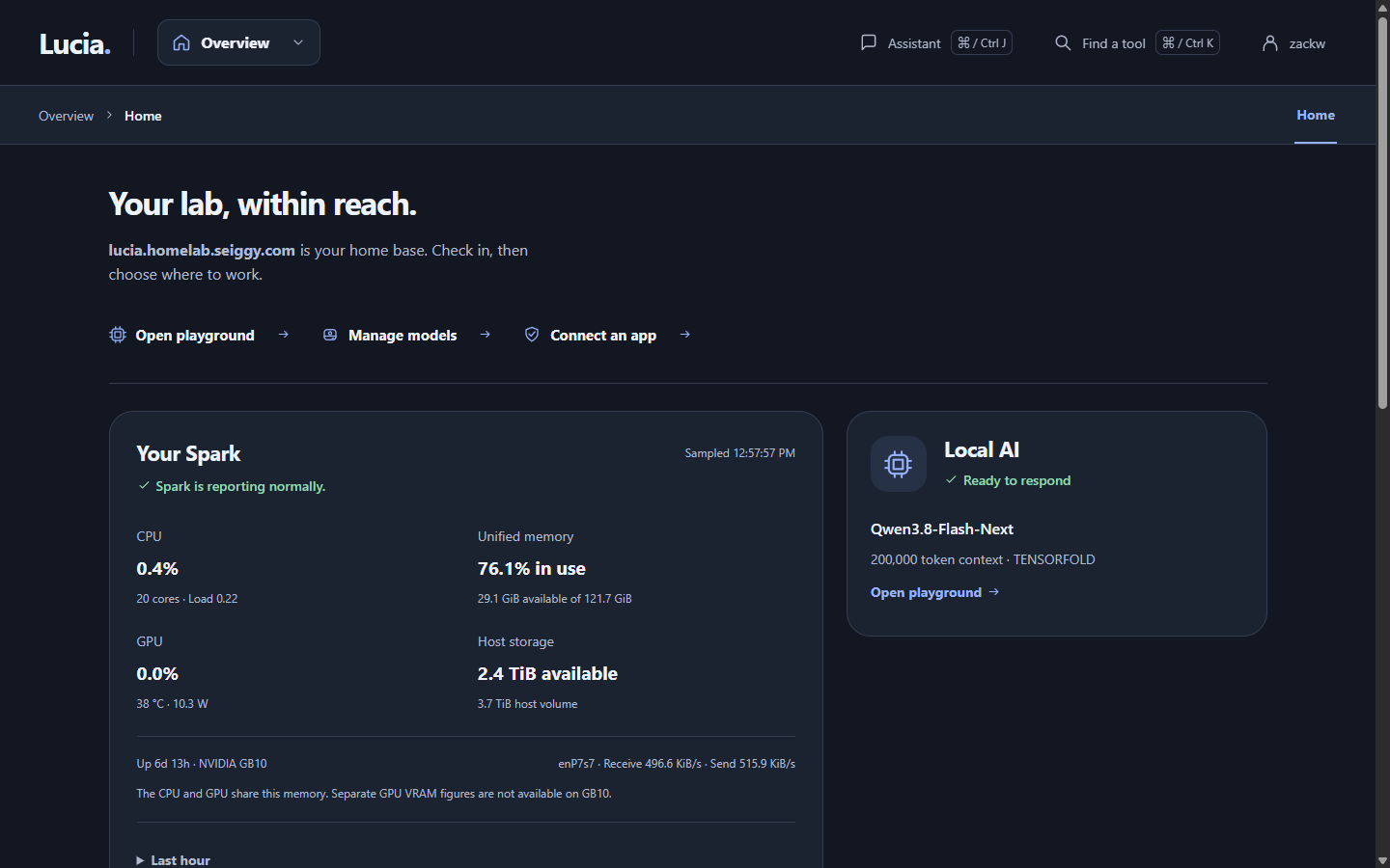 The Lucia Home page, showing the health of the Spark and the lab at a glance