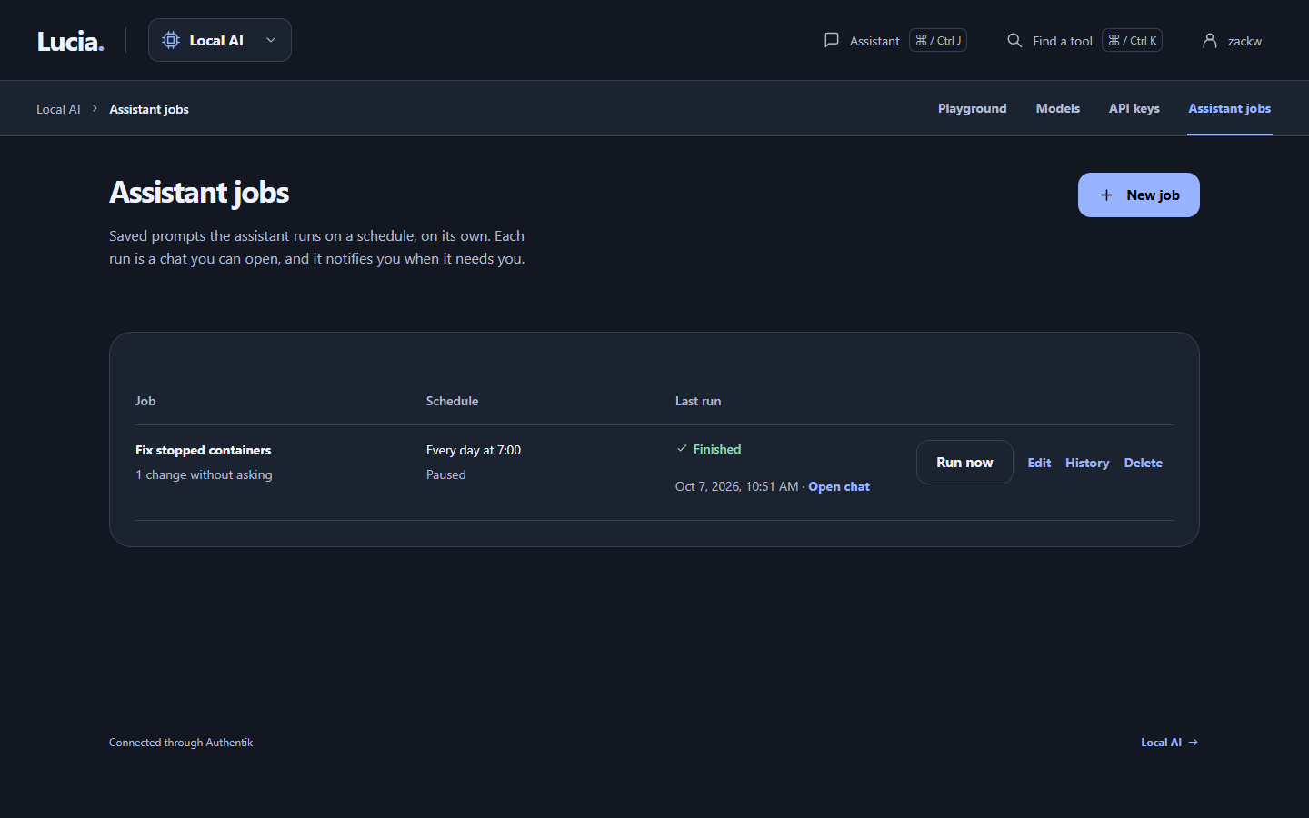 The Assistant jobs page listing scheduled jobs with their schedule, next run and last run