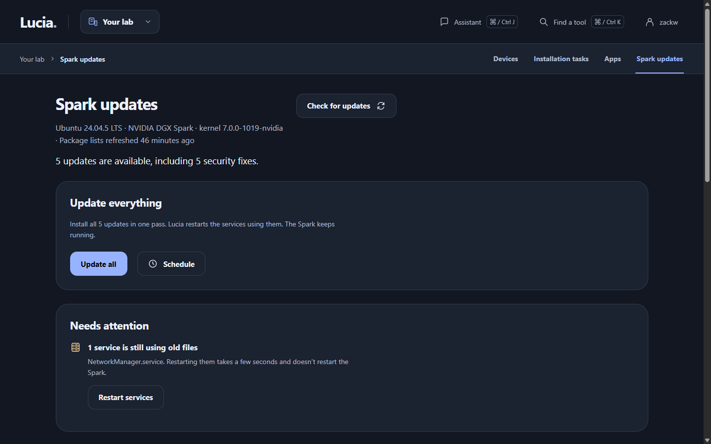 The Spark updates page, with everyday updates and platform updates listed in separate groups