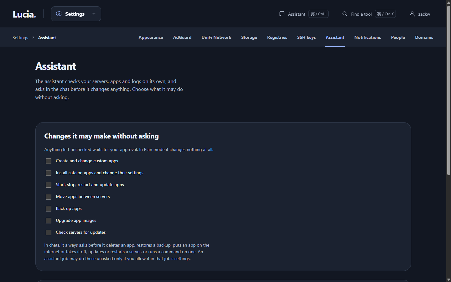 Lucia's Assistant settings: a list of changes it may make without asking, all unchecked by default.